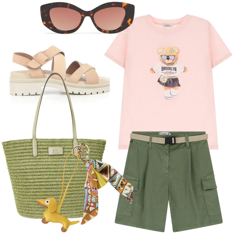 Outfit donna - Turista d\'estate. Stile Casual chic per Tutti i giorni. Abbinamento con shorts, t-shirt, portachiavi, borse tote, occhiali da sole, sandali.