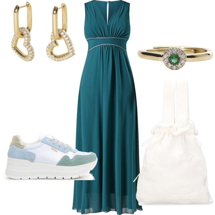Outfit donna - Dress code sneakers. Stile Trendy per Serata fuori. Abbinamento con orecchini, anelli, vestiti lunghi, borse a mano, sneakers.