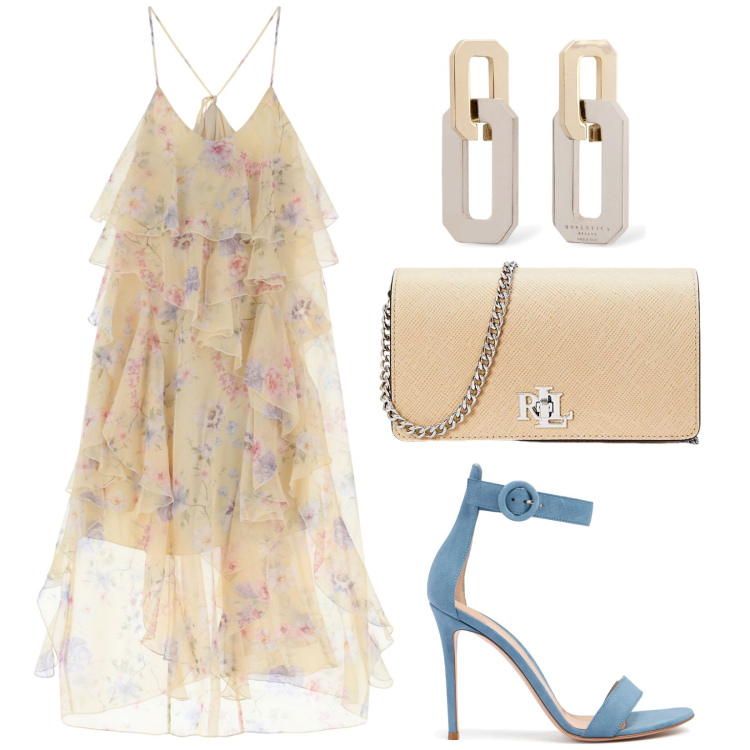 Outfit donna - Romantici fiorellini. Stile Glamour per Cerimonia. Abbinamento con vestiti lunghi, borse a tracolla, orecchini, sandali in pelle.