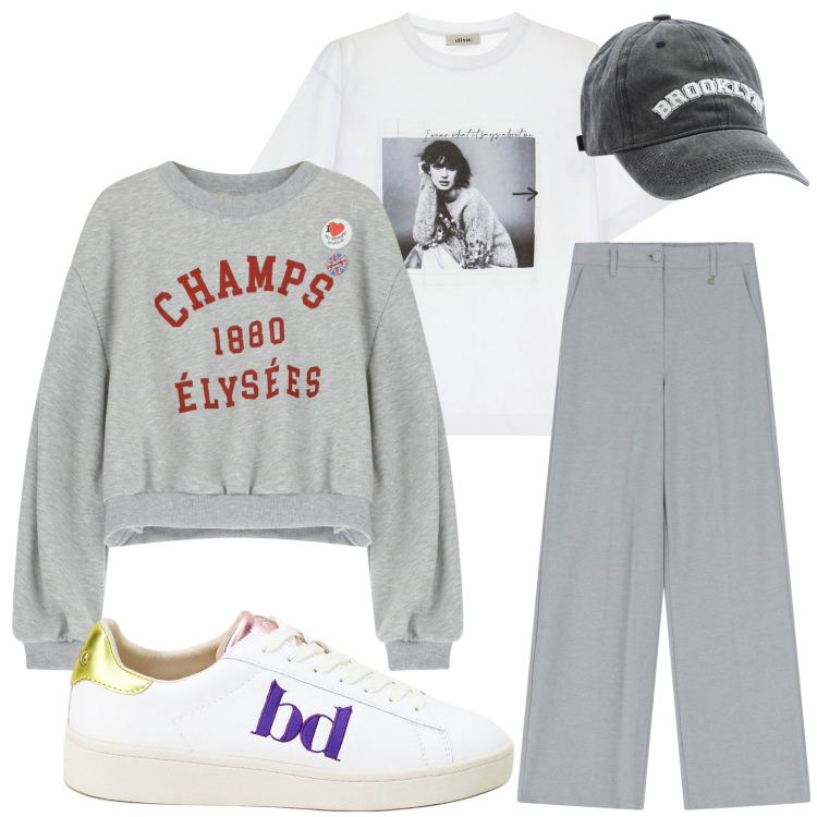 Outfit donna - Gita in montagna. Stile Casual per Tutti i giorni. Abbinamento con cappelli, sneakers, pantaloni, t-shirt, felpe.