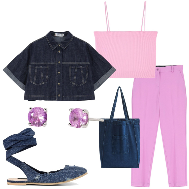 Outfit donna - Rosa Babol. Stile Casual chic per Tutti i giorni. Abbinamento con canottiere, shopping bag, orecchini, pantaloni, blazer, ballerine.