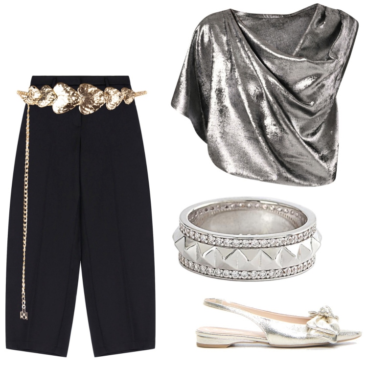 Outfit donna - Come un\'odalisca. Stile Glamour per Serata fuori. Abbinamento con anelli, cinture, bluse, pantaloni, sandali in pelle.