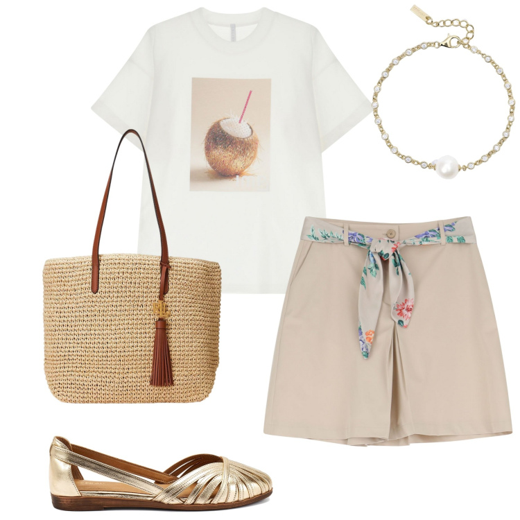 Outfit donna - In città. Stile Casual per Tutti i giorni. Abbinamento con braccialetti, shorts, t-shirt, borse tote, ballerine.