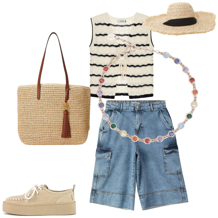 Outfit donna - Total look #2201954. Abbinamento con shorts, braccialetti, top, cappelli, borse tote, mocassini.