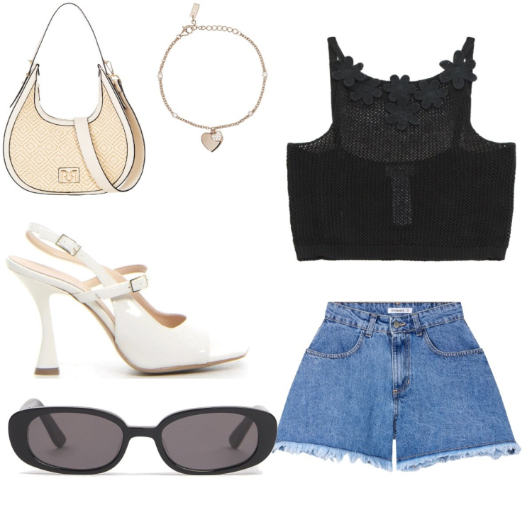 Outfit donna - Outfit estivo. Stile Glamour per Tutti i giorni. Abbinamento con shorts, borse a mano, braccialetti con ciondoli, top, occhiali da sole, sandali col tacco.