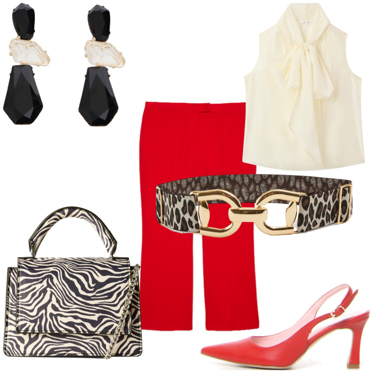 Outfit donna - Total look #2201967. Stile Chic per Serata fuori. Abbinamento con cinture, bluse, borse a tracolla, orecchini, pantaloni, décolleté.