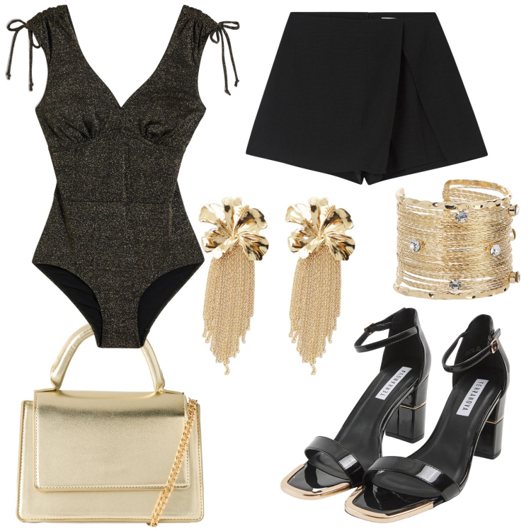 Outfit donna - Nero e oro per la sera. Stile Glamour per Mare. Abbinamento con costumi interi, sabot, minigonne, borse a tracolla, braccialetti, orecchini.