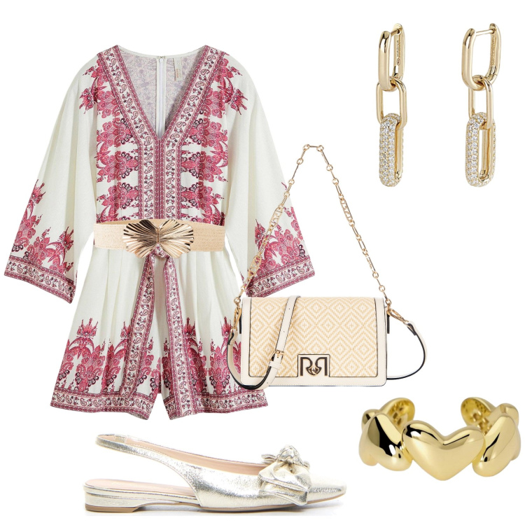 Outfit donna - Total look #2201972. Stile Boho per Tutti i giorni. Abbinamento con cinture, tute, orecchini, anelli, borse a tracolla, sandali in pelle.