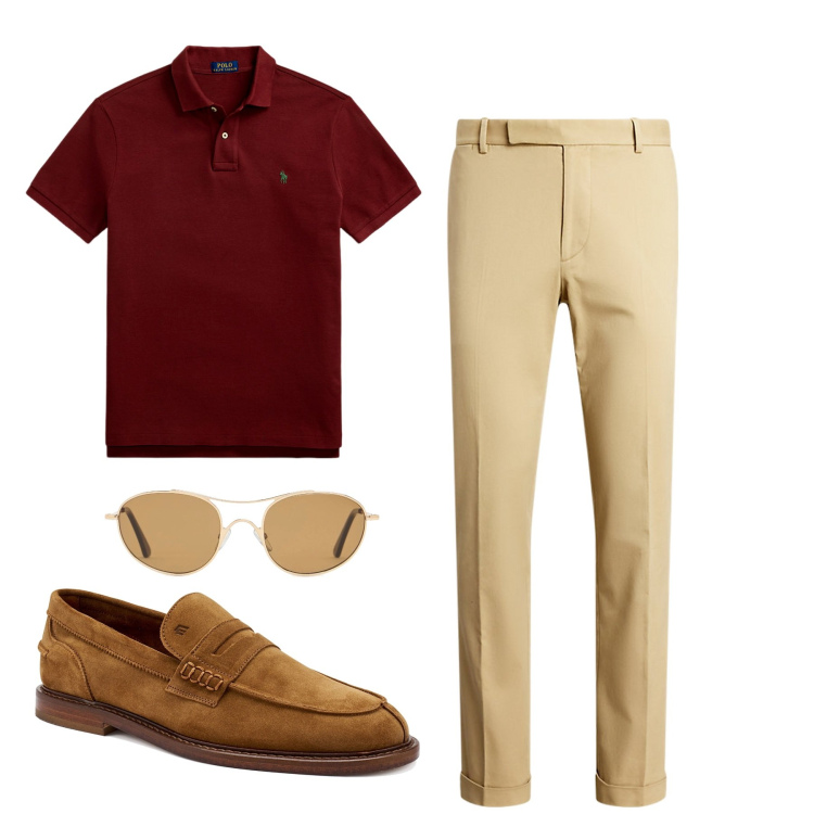 Outfit uomo - Sabato. Stile Casual per Tutti i giorni. Abbinamento con pantaloni chino, polo, occhiali da sole, scarpe stringate.