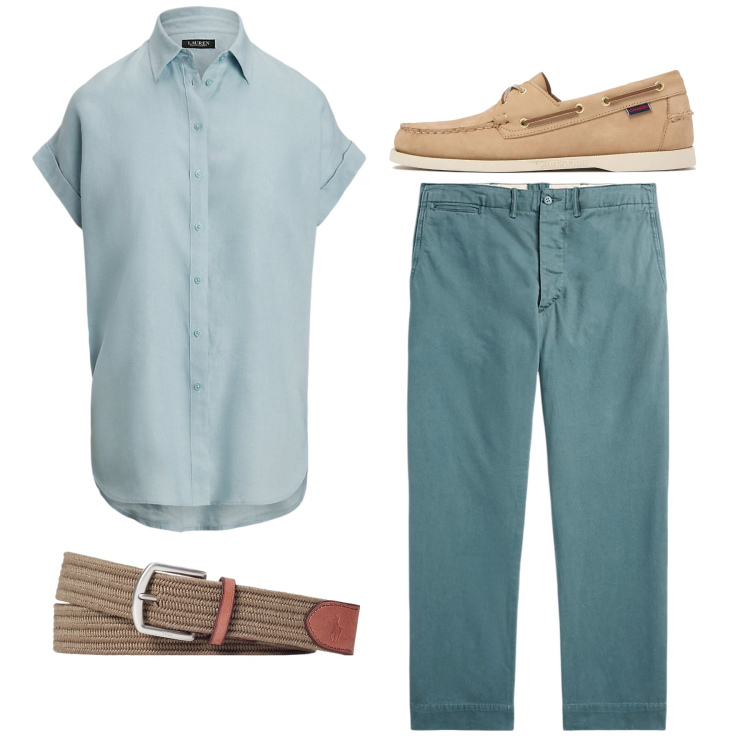 Outfit uomo - Azzurrino. Stile Casual per Tutti i giorni. Abbinamento con cinture, camicie a manica corta, pantaloni, scarpe stringate.