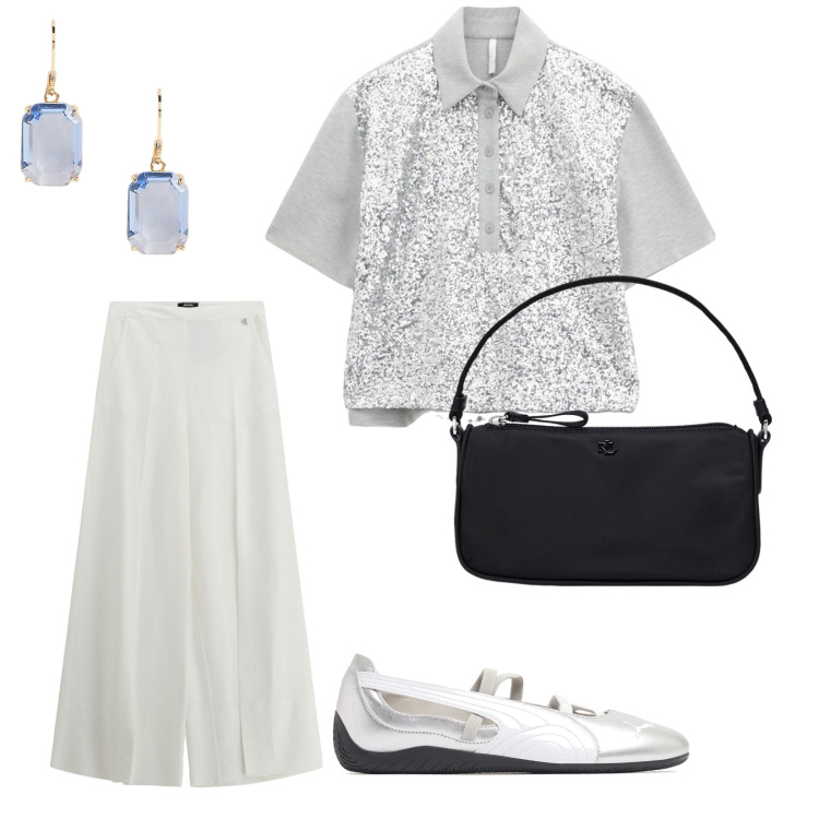 Outfit donna - Di giorno. per Tutti i giorni. Abbinamento con polo, pantaloni a palazzo, orecchini, pochette, sneakers.