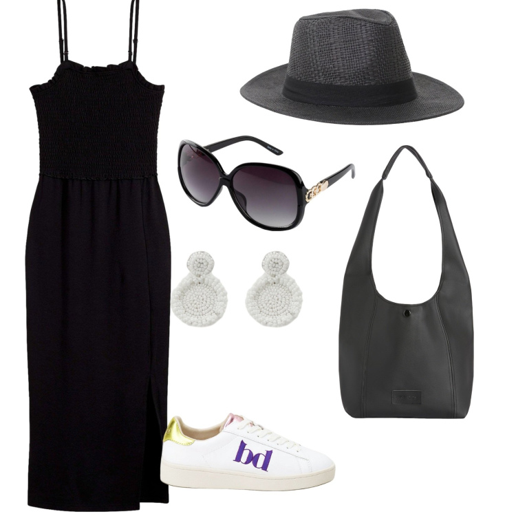 Outfit donna - In piazza. per Tutti i giorni. Abbinamento con vestiti midi/longuette, occhiali da sole, cappelli, borse a spalla, sneakers, orecchini.