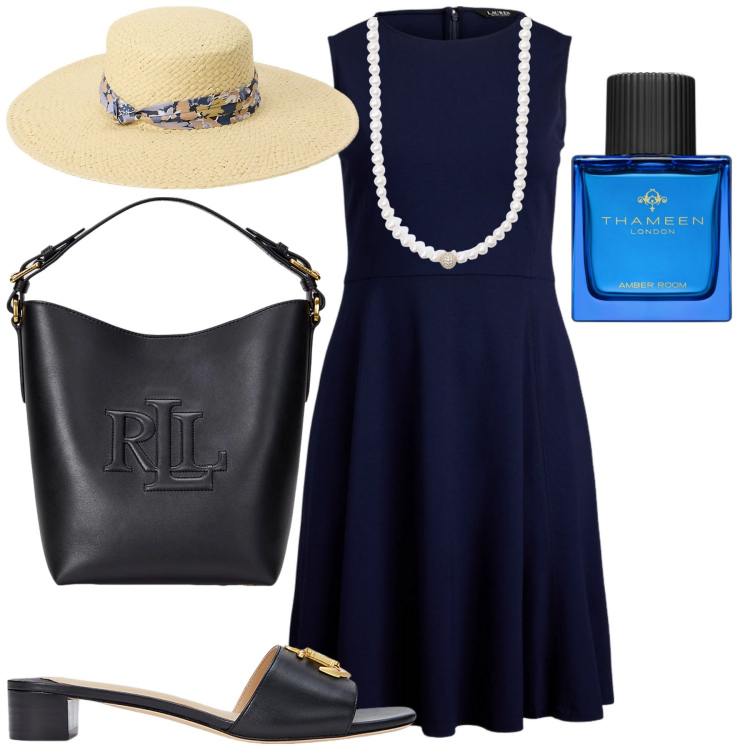 Outfit donna - Portofino. Stile Chic per Tutti i giorni. Abbinamento con profumi, collane, vestiti senza maniche, sandali in pelle, borse a secchiello, cappelli.