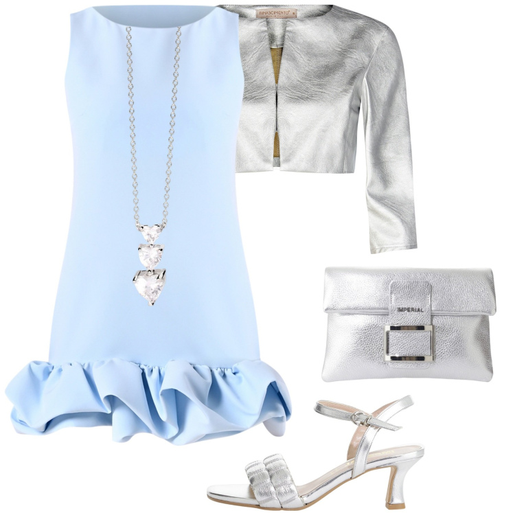 Outfit donna - Argento. Stile Bon Ton per Ufficio. Abbinamento con collane, bolero, vestiti corti, sandali col tacco, pochette.