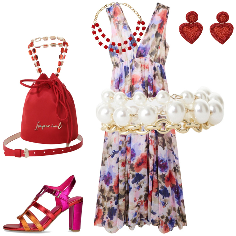Outfit donna - Total look #2202000. Abbinamento con vestiti lunghi, borse a secchiello, collane, braccialetti, orecchini, sandali col tacco.
