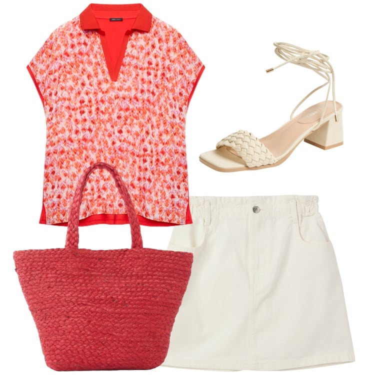 Outfit donna - Casual chic. Stile Casual chic per Tutti i giorni. Abbinamento con shopping bag, minigonne, sandali alla schiava, bluse.