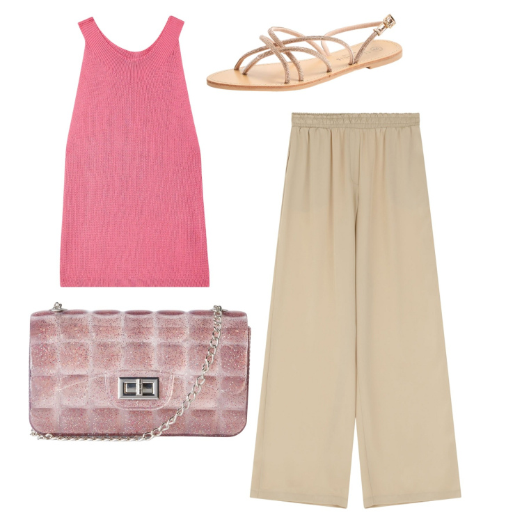 Outfit donna - Canotta rosa. Stile Minimal per Tutti i giorni. Abbinamento con borse a tracolla, sandali, top, pantaloni a palazzo.