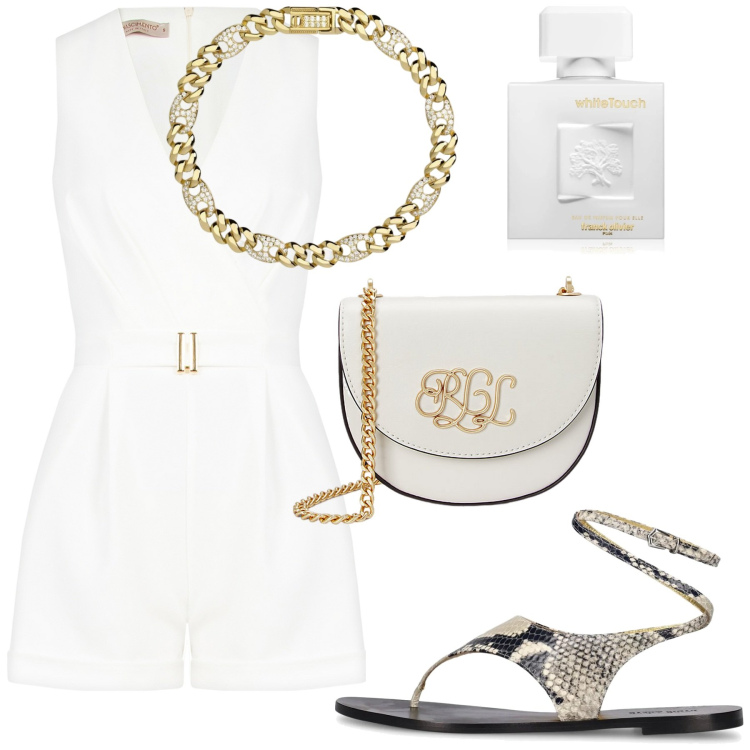 Outfit donna - Total white. Stile Glamour per Serata fuori. Abbinamento con profumi, braccialetti, tuta corta, borse a tracolla, sandali in pelle.