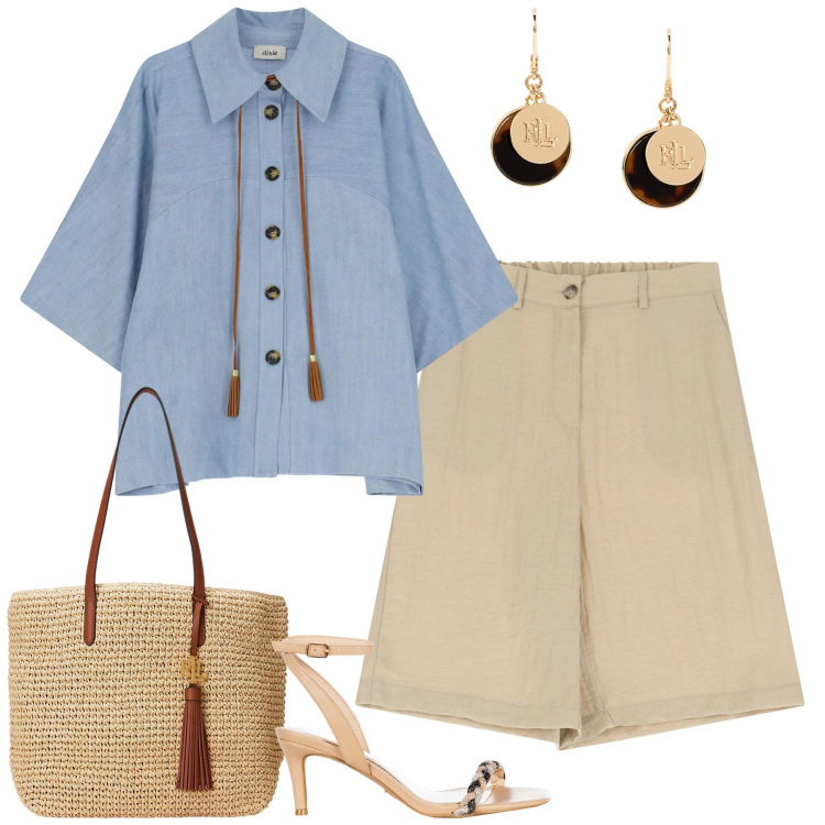 Outfit donna - Casual chic. Stile Casual chic per Tutti i giorni. Abbinamento con sandali in pelle, shorts, camicie, orecchini, borse tote.
