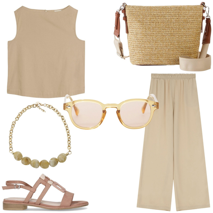 Outfit donna - Al naturale. Stile Casual chic per Tutti i giorni. Abbinamento con borse a tracolla, top, occhiali da sole, pantaloni a palazzo, collane, sandali.