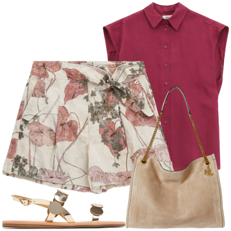Outfit donna - Shorts floreali. Stile Casual chic per Tutti i giorni. Abbinamento con shorts, camicie, borse tote, sandali in pelle.