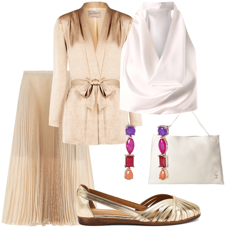 Outfit donna - D\'oro in turchia. Stile Etnico per Serata fuori. Abbinamento con gonne lunghe, borse a spalla, orecchini, blazer, top, ballerine.