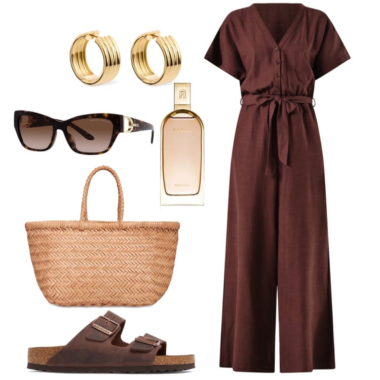 Outfit donna - Jumpsuite fresca in città. Stile Urban per Tutti i giorni. Abbinamento con tute, profumi, occhiali da sole, shopping bag, sandali in pelle, orecchini.