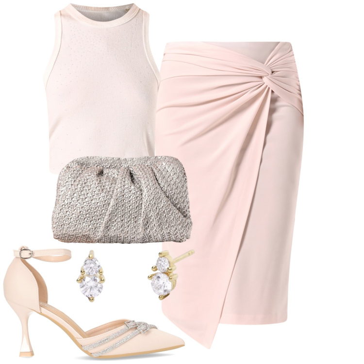 Outfit donna - Elegante. Stile Chic per Serata fuori. Abbinamento con gonne, top, clutch, orecchini, décolleté.