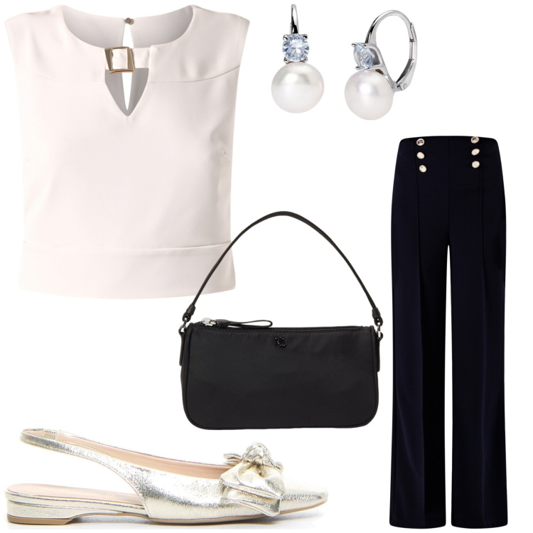 Outfit donna - Bon ton. Stile Bon Ton per Cerimonia. Abbinamento con top, pantaloni, orecchini, pochette, sandali in pelle.