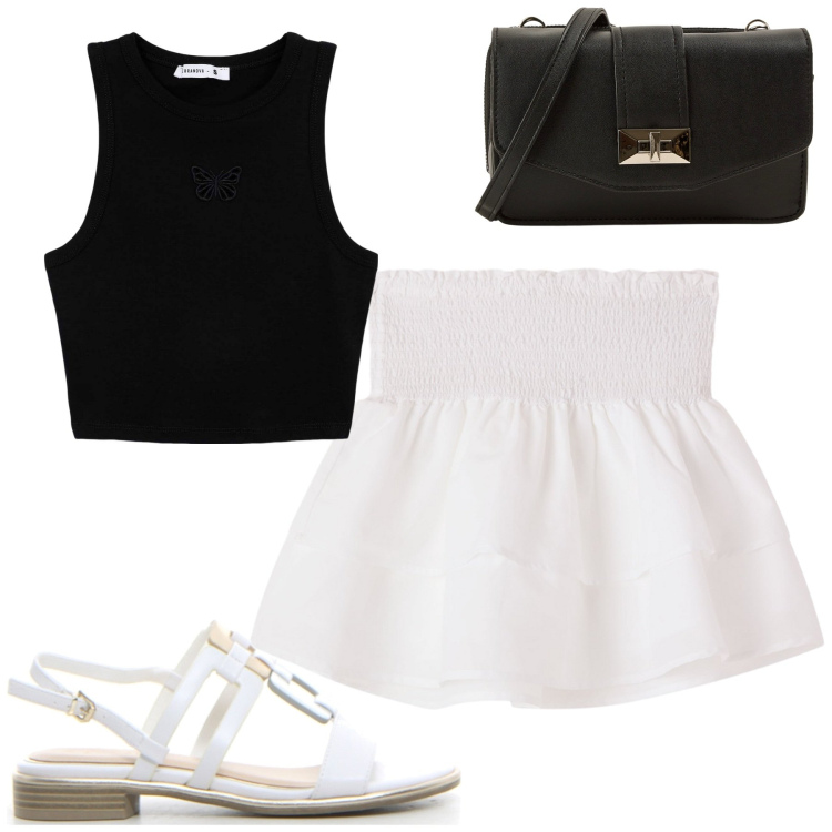 Outfit donna - Total look #2202047. Stile Casual per Tutti i giorni. Abbinamento con minigonne, borse a tracolla, canottiere, sandali.