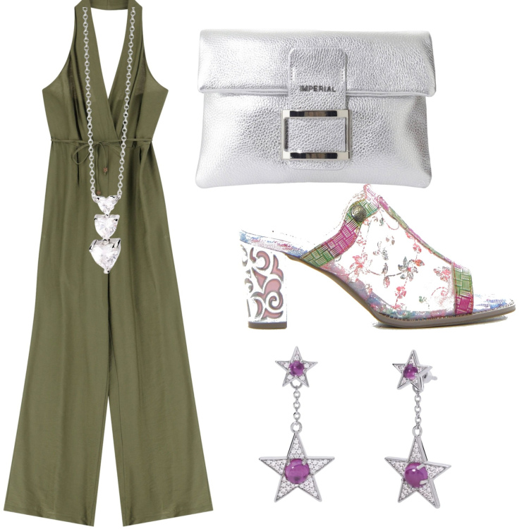 Outfit donna - Comoda con eleganza. Stile Minimal per Serata fuori. Abbinamento con orecchini, collane, pochette, tute, sabot.