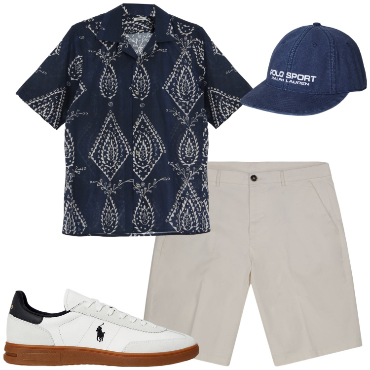 Outfit uomo - Luglio. Stile Urban per Tutti i giorni. Abbinamento con camicie a manica corta, sneakers, berretti, bermuda.