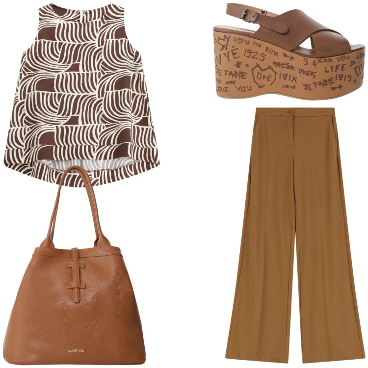 Outfit donna - Sportivo elegante. Stile Urban per Tutti i giorni. Abbinamento con top, pantaloni, borse tote, zeppe.