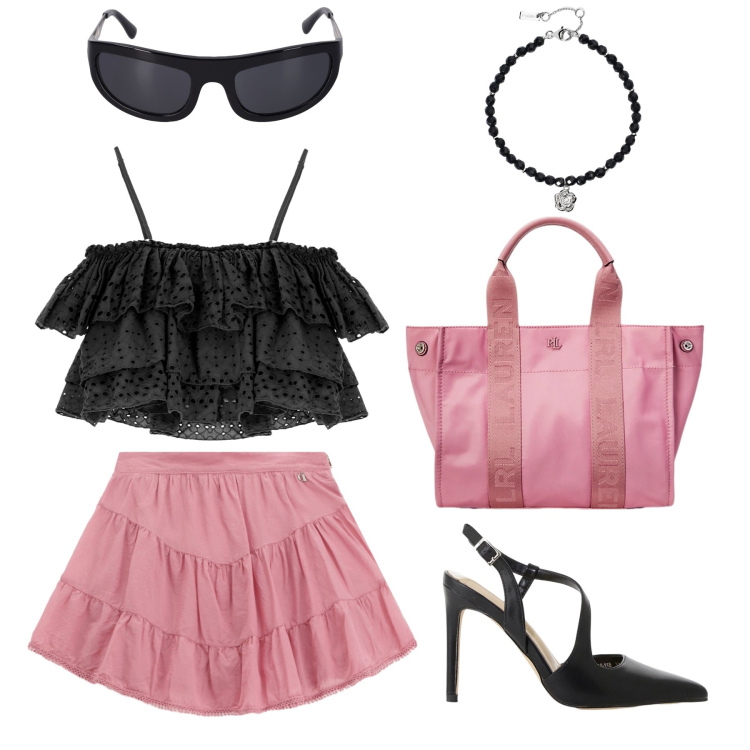 Outfit donna - Beddy. Stile Chic per Serata fuori. Abbinamento con braccialetti, décolleté, minigonne, top, borse tote, occhiali da sole.