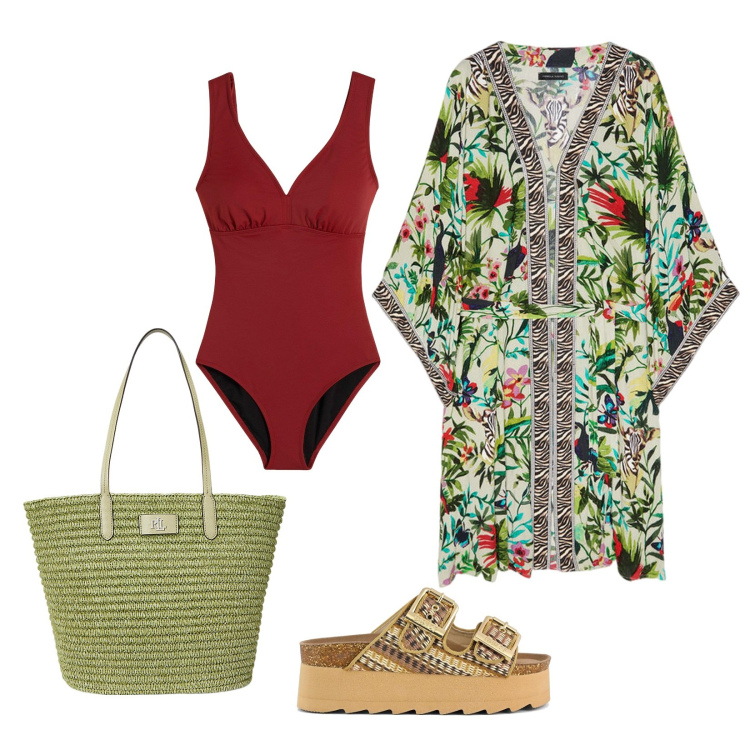 Outfit donna - Borsa verde. Stile Casual chic per Mare. Abbinamento con costumi interi, borse tote, caftani, sandali.
