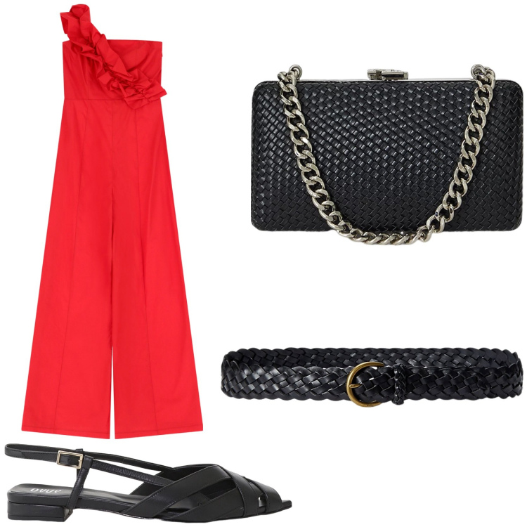 Outfit donna - E rosso sia. Stile Chic per Serata fuori. Abbinamento con tute, sandali, clutch, cinture.