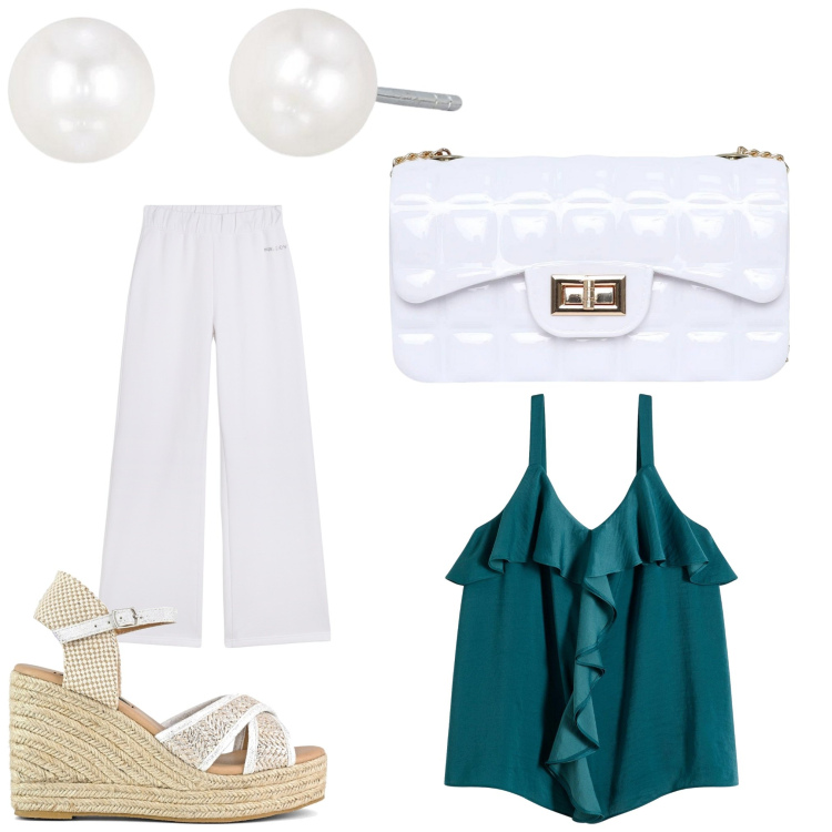 Outfit donna - Verde e bianco. Stile Casual chic per Serata fuori. Abbinamento con top, borse a tracolla, orecchini, pantaloni, zeppe.
