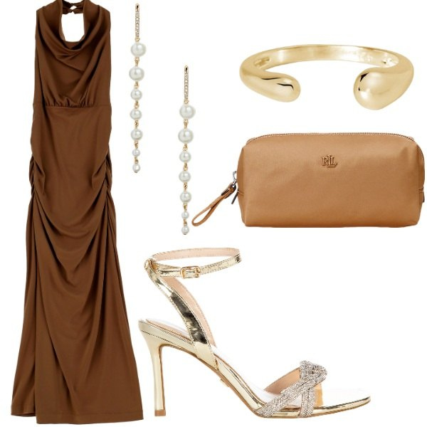 Outfit donna - Cerimonia tra intimi. Stile Casual chic per Serata fuori. Abbinamento con vestiti lunghi, anelli, sandali col tacco, orecchini, pochette.