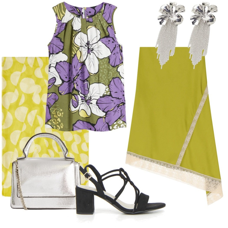 Outfit donna - Party in giardino. Stile Chic per Serata fuori. Abbinamento con top, borse a tracolla, gonne longuette, orecchini, sandali col tacco, stole.