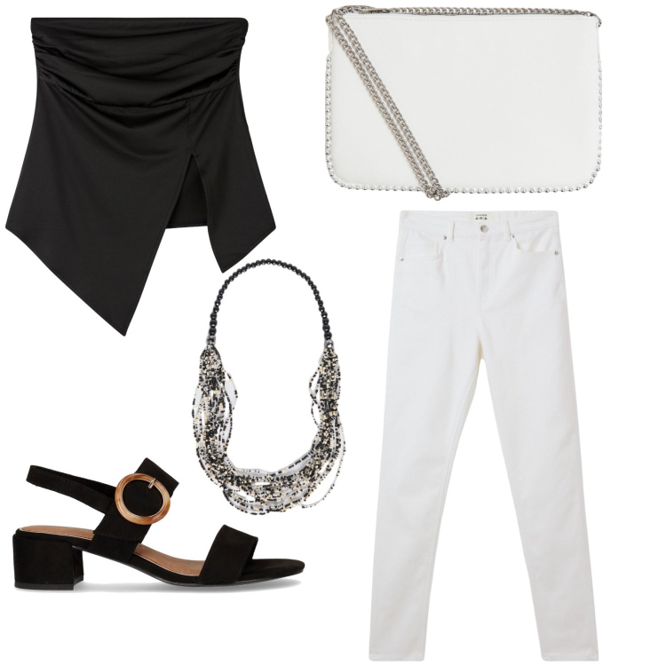 Outfit donna - Bianco e nero classico intramontabile. Stile Chic per Serata fuori. Abbinamento con top, pantaloni skinny, borse a tracolla, collane, sandali col tacco.