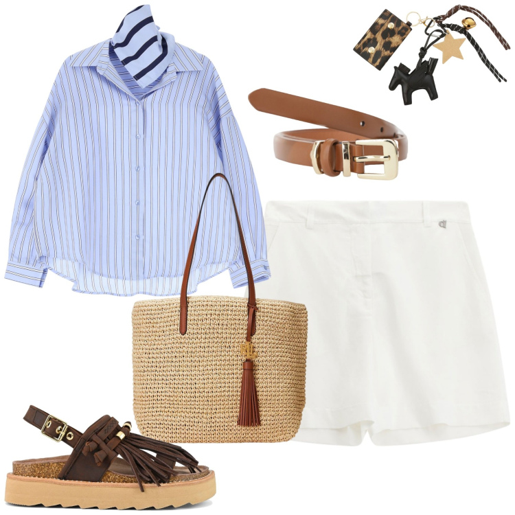 Outfit donna - Luglio. Stile Casual chic per Tutti i giorni. Abbinamento con cinture, camicie, shorts, portachiavi, borse tote, sandali.