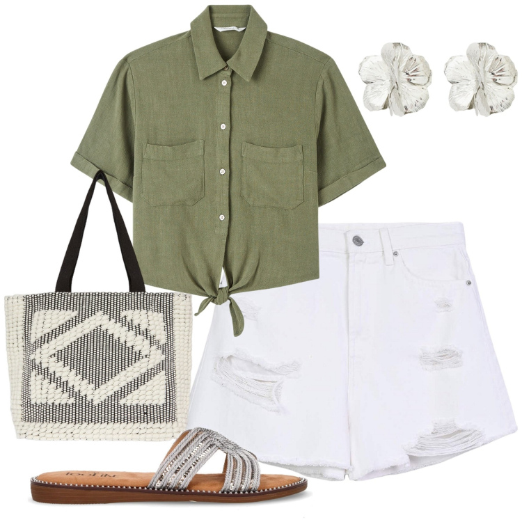 Outfit donna - Luglio. Stile Casual per Tutti i giorni. Abbinamento con camicie a manica corta, shorts, orecchini, shopping bag, ciabatte.