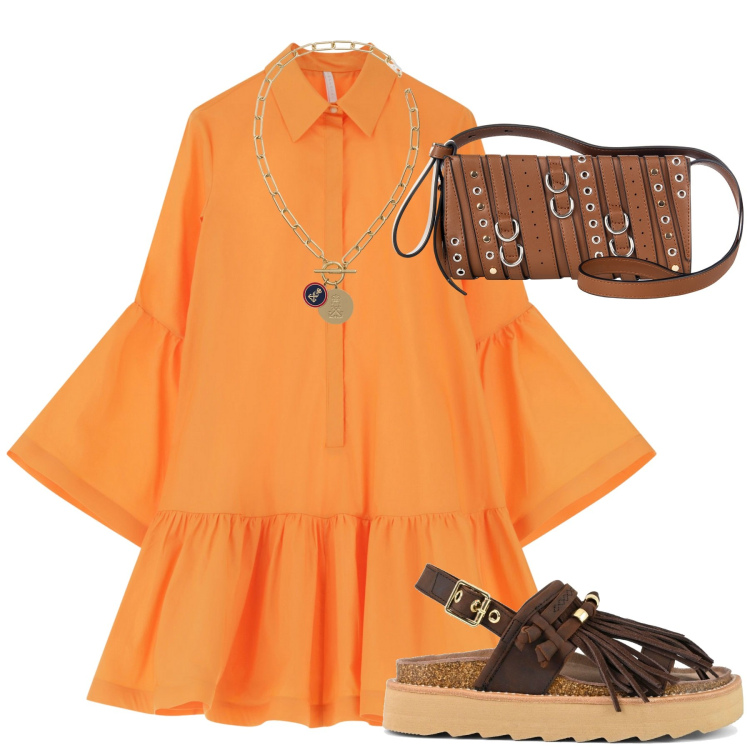 Outfit donna - Arancio. Stile Casual per Tutti i giorni. Abbinamento con borse a spalla, vestiti chemisier, ciondoli, sandali.