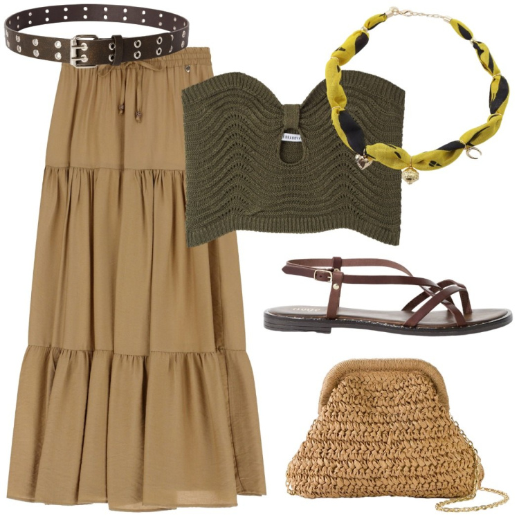 Outfit donna - Stile etnico per il concerto in spiaggia. Stile Etnico per Serata fuori. Abbinamento con borse a tracolla, top, cinture, sandali, gonne lunghe, foulard.