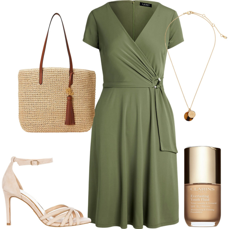 Outfit donna - Lauren. Stile Chic per Tutti i giorni. Abbinamento con fondotinta, sandali col tacco, collane, vestiti midi/longuette, borse tote.