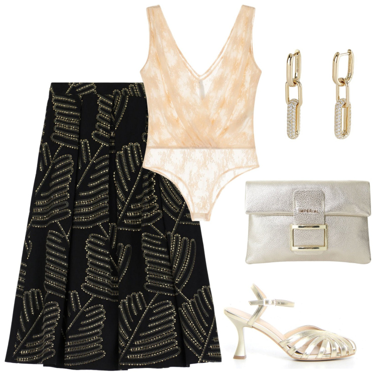 Outfit donna - Trasparenze e Ricami. Stile Romantica per Serata fuori. Abbinamento con orecchini, pochette, body, gonne lunghe, sandali col tacco.