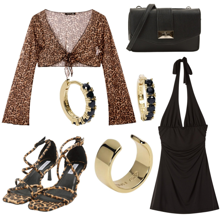 Outfit donna - grrr. Stile Trendy per Serata fuori. Abbinamento con vestiti corti, sandali col tacco, bolero, borse a tracolla, orecchini, orecchini.
