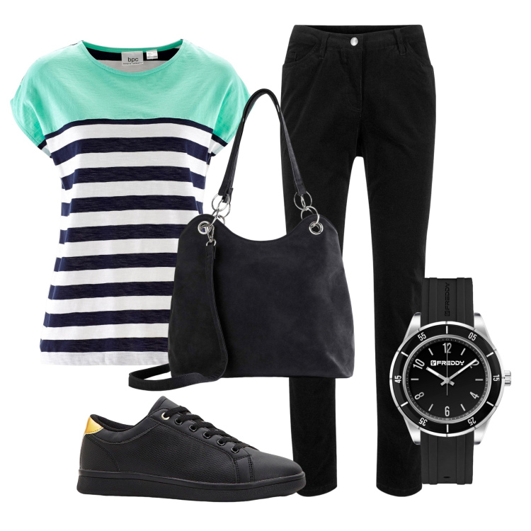 Outfit donna - Sportivamente. Stile Minimal per Tutti i giorni. Abbinamento con sneakers, pantaloni, t-shirt, borse a mano, orologi.