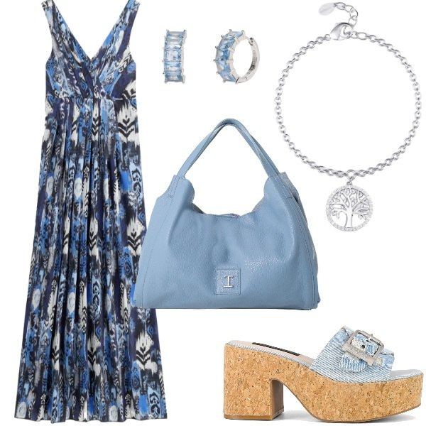 Outfit donna - Serata tra amici. Stile Casual chic per Serata fuori. Abbinamento con orecchini, braccialetti con ciondoli, vestiti lunghi, pochette, sandali.