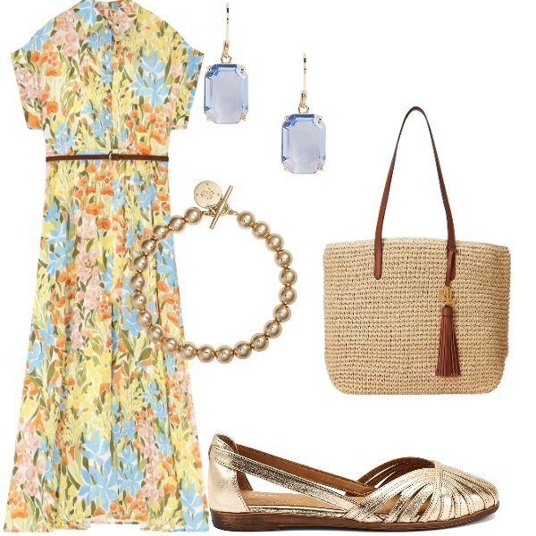 Outfit donna - Le serate di Luglio. Stile Casual chic per Serata fuori. Abbinamento con vestiti lunghi, braccialetti, orecchini, borse tote, ballerine.